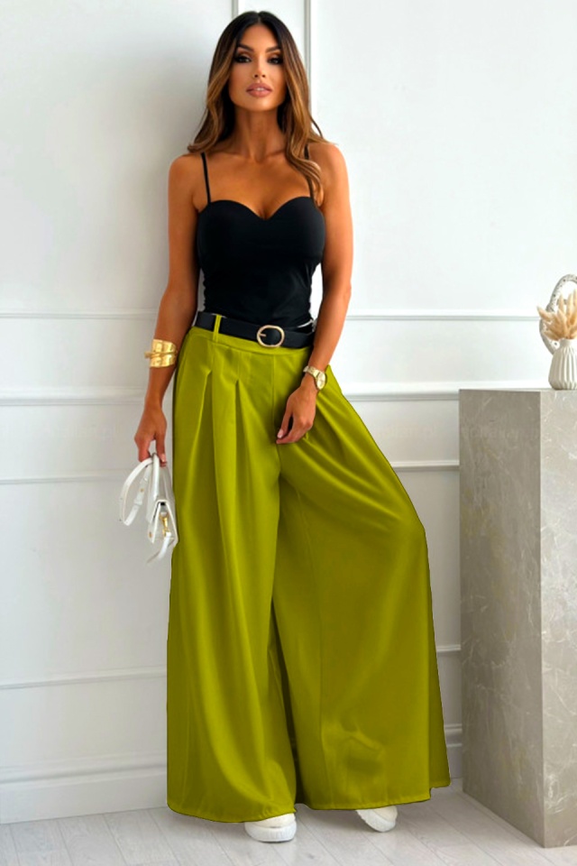 Pantaloni eleganti Ahmet, cu pense si curea inclusa, Verde olive, Marime S/M/L