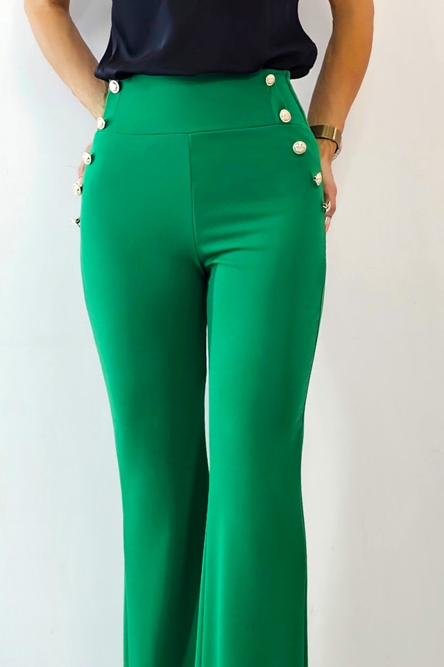 Pantaloni eleganti evazati OTIS, cu butoni decorativi, Verde - 2 | YEO