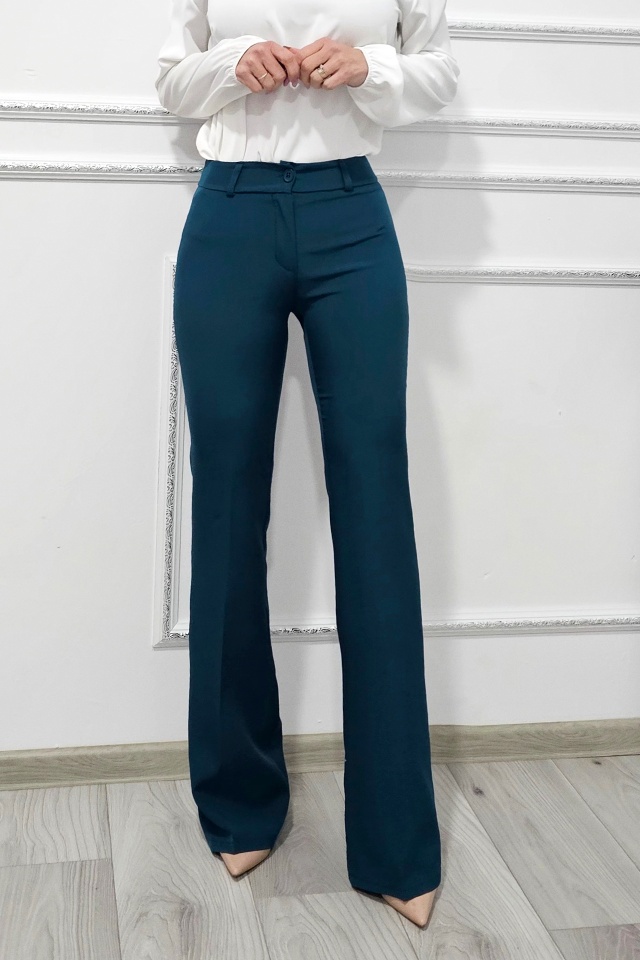 Pantaloni eleganti, Katte, croiala slim evazata si talie inalta, Verde petrol