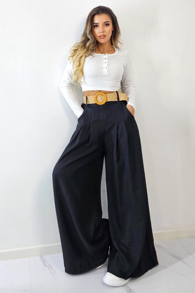 Pantaloni eleganti Nymeria, cu pense si curea galbena inclusa, Negru, Marime universala S/M/L