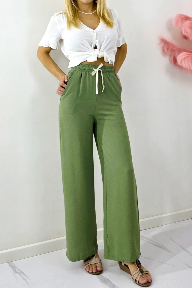 Pantaloni lungi casual, bumbac MERON, croiala wide leg si snur, KAKI - 2 | YEO