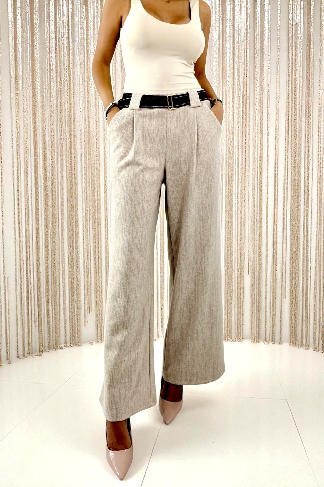 Pantaloni lungi si curea textila PERSEA, croi wide leg, Crem