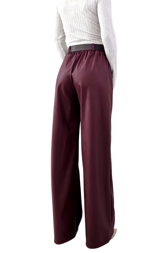 Pantaloni lungi, vatuiti din piele eco, Leonis, cu banda elastica si buzunare, Bordo, Marime S/M