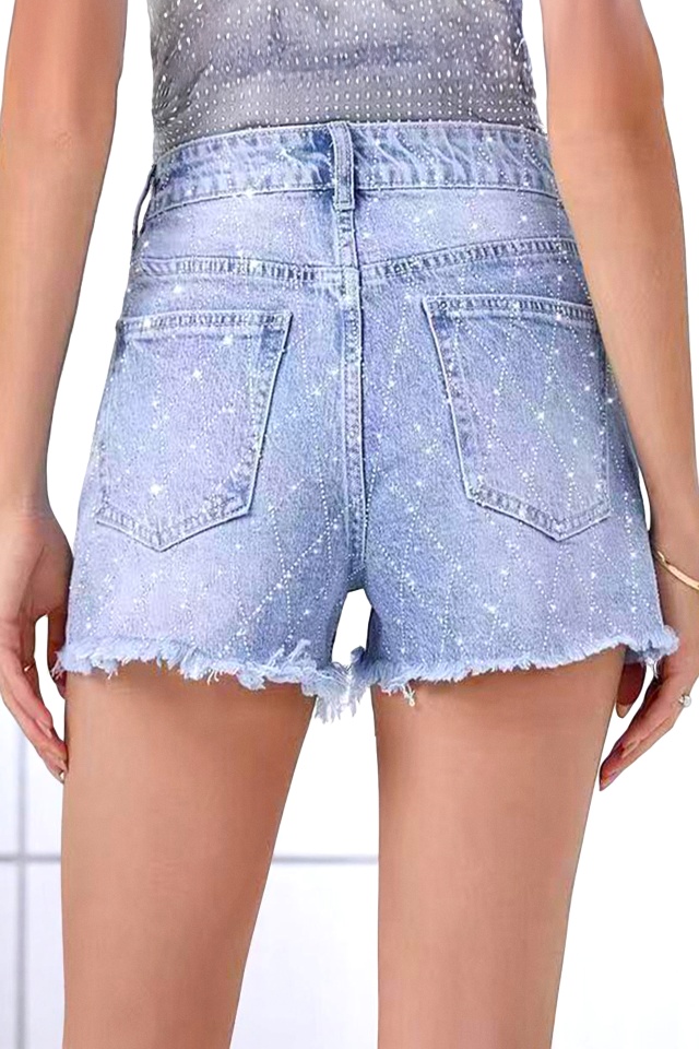 Pantaloni scurti de blugi OXAKA, cristale aplicate geometric si franjuri, Albastru zapada - 1 | YEO
