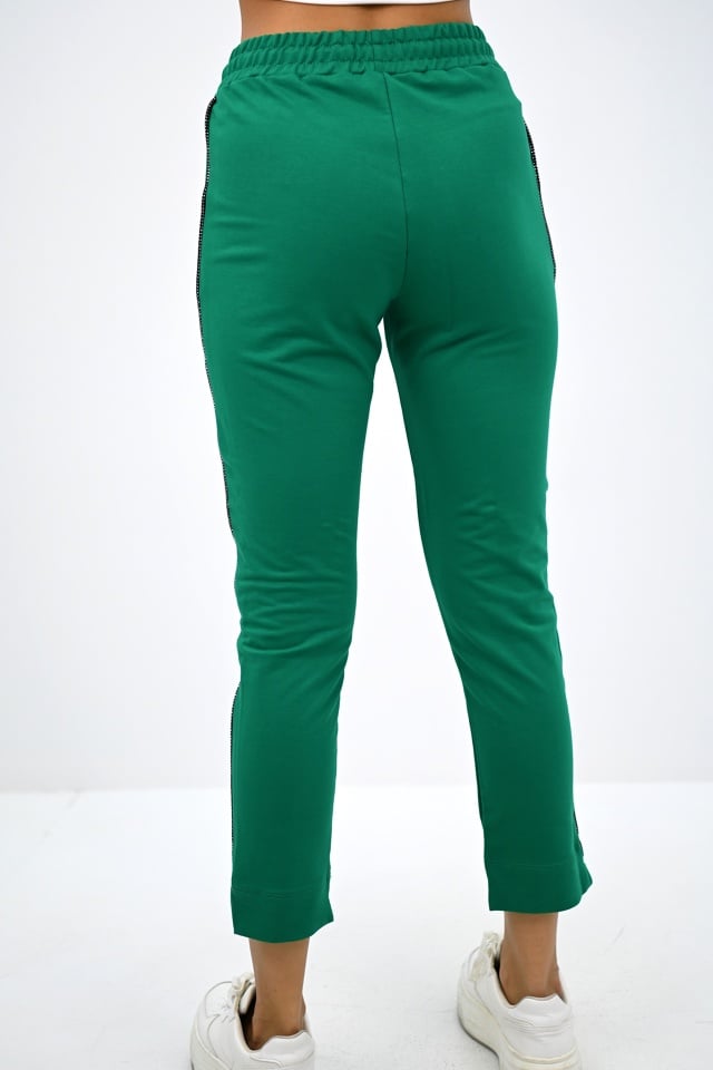 Pantaloni sport asimetrici FlexLine, cu snur in talie si dungi laterale, Verde - 1 | YEO