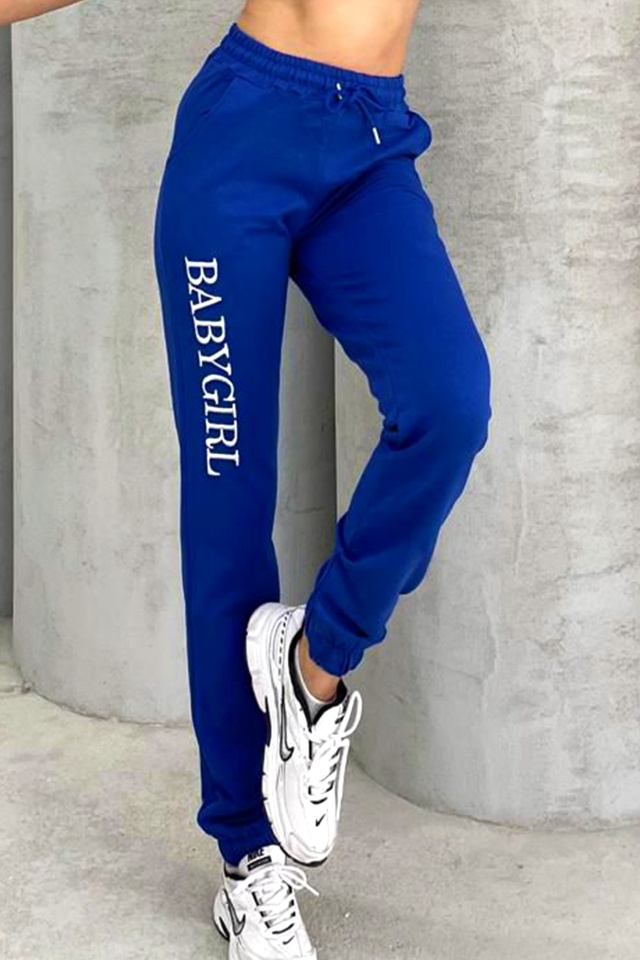 Pantaloni sport ISSA BabyGirl, cu imprimeu si banda elastica, Albastru - 1 | YEO