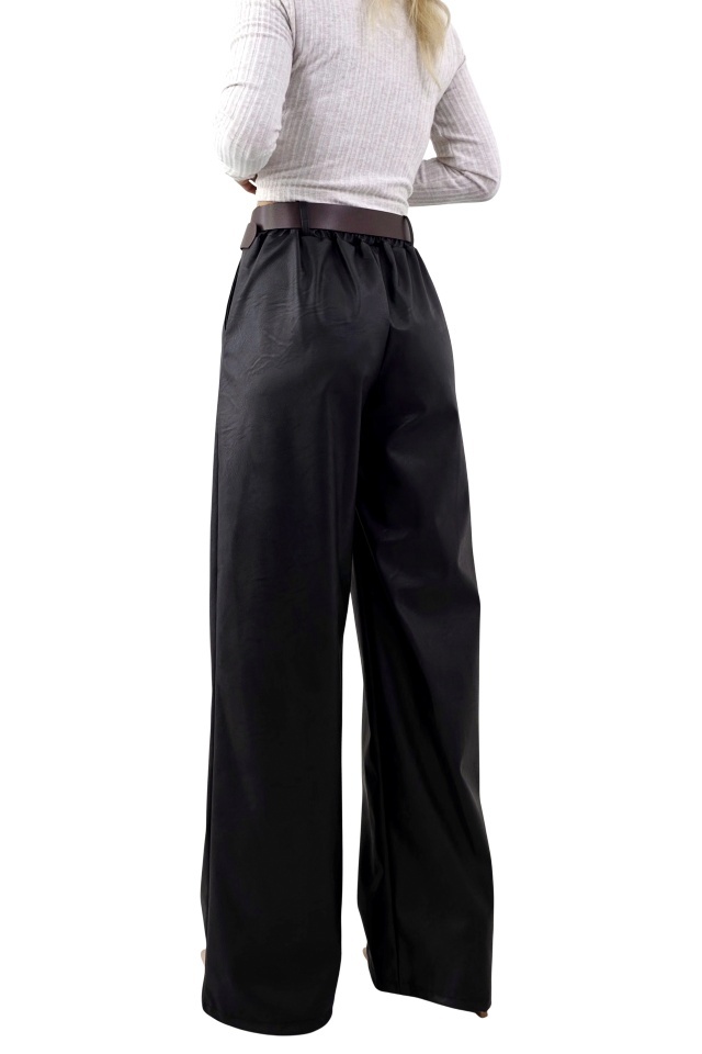 Pantaloni vatuiti Leonis, din piele ecologica, cu buzunare si curea asortata, Negru, Marime S/M