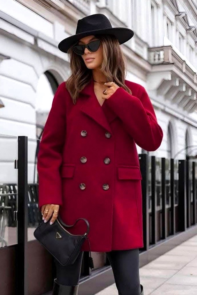 Pardesiu cu nasturi Adriana, croi oversize si revere scurte, Visiniu, OneSize S/M/L/XL