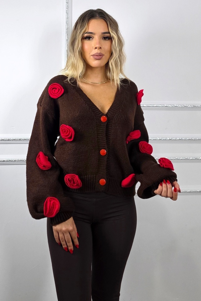 Pulover tricotat Rowan, cu nasturi si detalii florale nedetasabile, Maro, Marime S/M/L - 2 | YEO