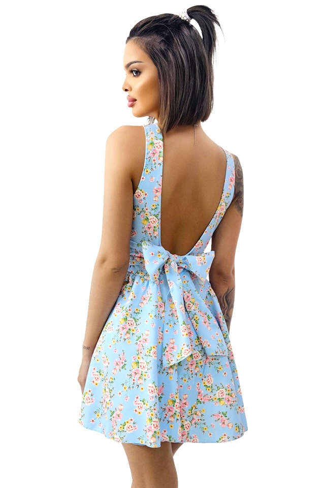 Rochie babydoll MARA, cu funda la spate si imprimeu floral, Albastru baby blue, Marime S/M/L