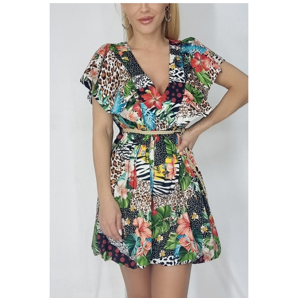 Rochie babydoll Minda cu cordon in talie multicolora