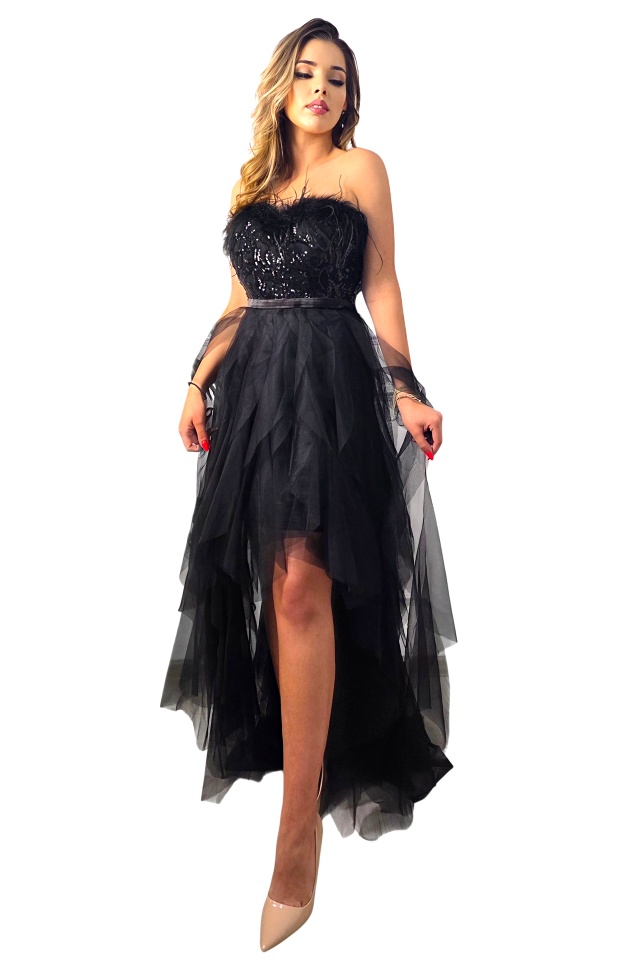 Rochie banchet PRAM Party, cu rejansa din pene de strut, Negru