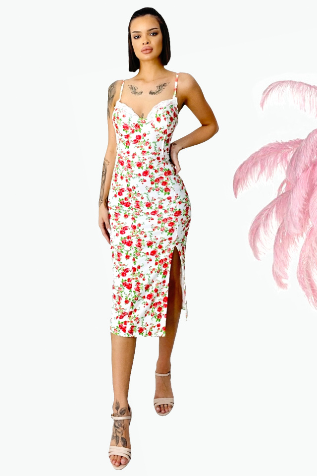 Rochie bodycon Drosera, cu dantela si imprimeu floral, Alb/Rosu, Marime S/M