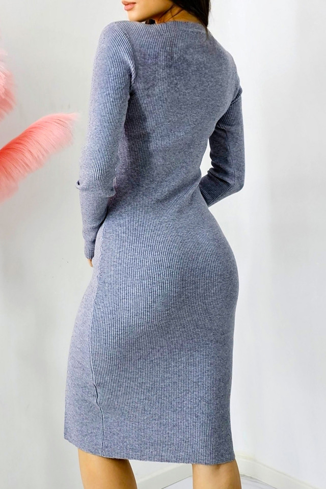 Rochie bodycon KLarisa, tetra, cu crapatura si nasturi decorativi, Gri, S/ - 1 | YEO