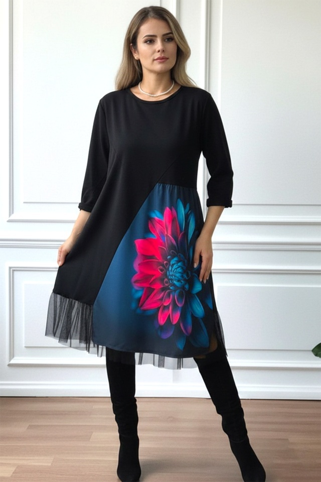 Rochie bumbac Arty Fiora, cu tull si croi oversize, Mystic Flower, Marime S/M/L