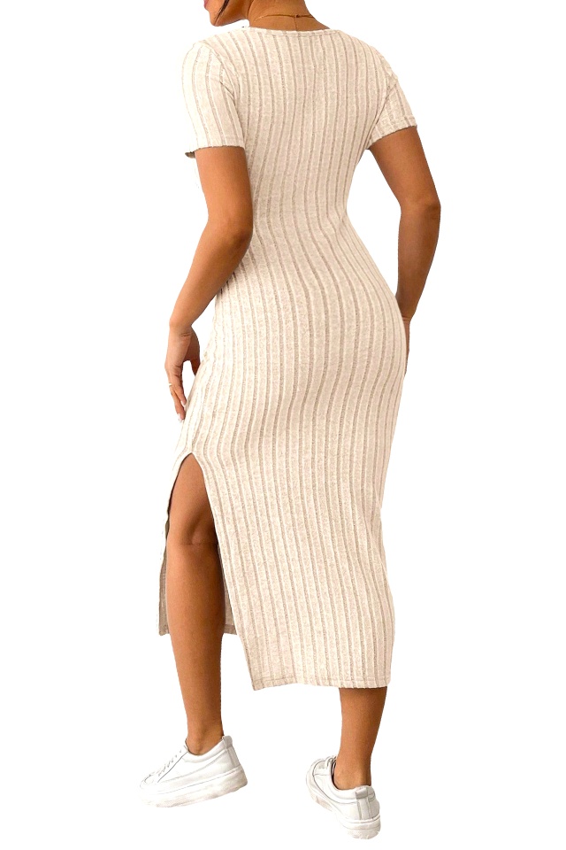 Rochie casual FeeL tricot ALIZA, cu slit lateral si maneca scurta, Crem - 1 | YEO