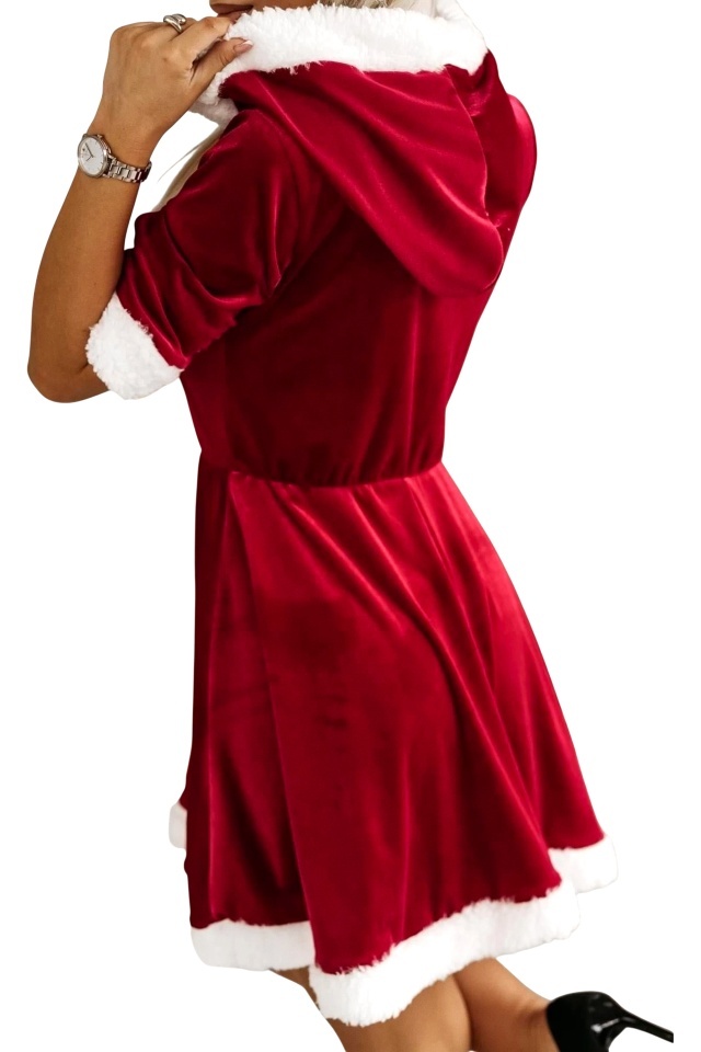 Rochie catifea, in clos Craciunita Merry Chic, cu gluga, Rosu, Marime S/M