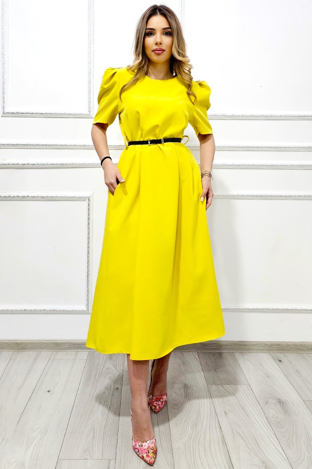 Rochie cu buzunare SOREYA, maneca bufanta si curea in ton, Galben Mustar Uni, Marimea S/M - 3 | YEO