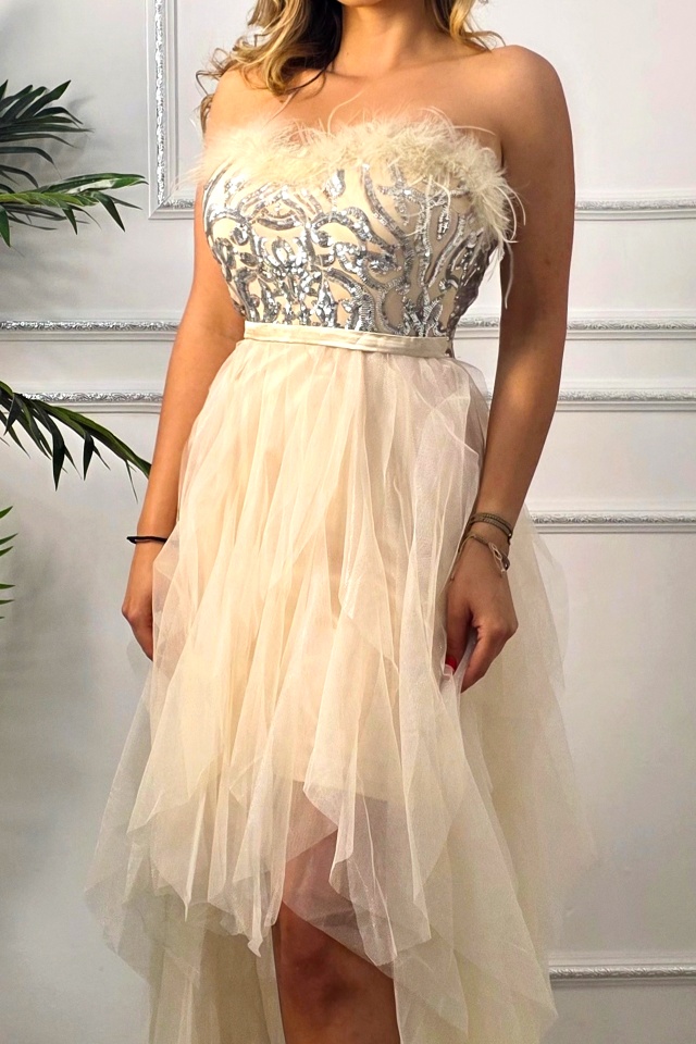 Rochie cu pene de strut PRAM Party, cu trena si paiete artizanale, Crem