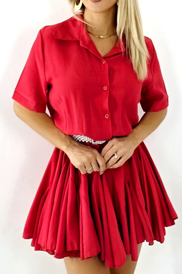 Rochie cu volane Peony Pearl, babydoll si curea inclusa, Rosu, Marime S/M