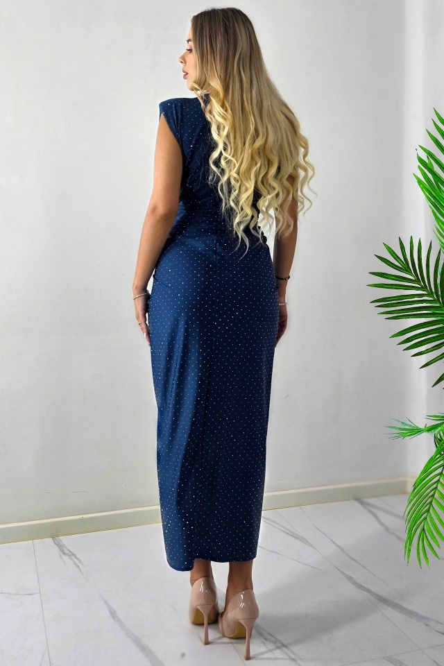 Rochie de ocazie cu cristale JHOSY si decolteu adanc, Bleumarin, Marime S/M