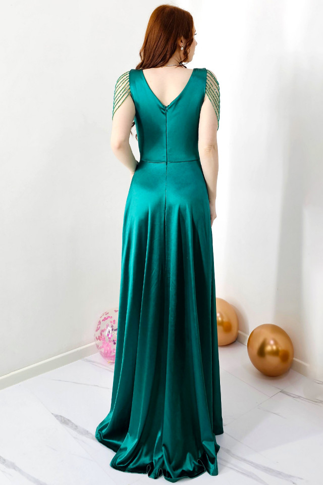 Rochie de ocazie Leontina, cu textura satinata si cristale artizanale, Verde