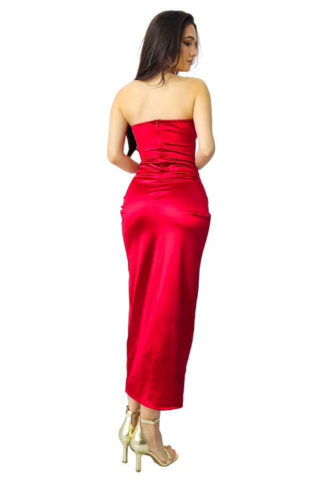 Rochie de ocazie LOTTE, cu aspect petrecut si detaliu floral cu pene, Rosu, Marime S/M