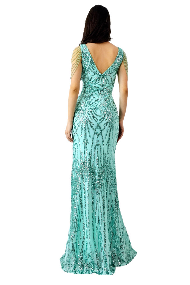 Rochie de seara Lady Margo, cu pene, paiete si decolteu adanc cu tull, Turquoise