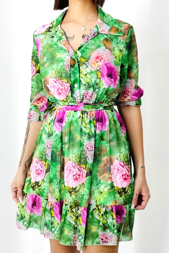 Rochie de vara Kasiana, cu maneca trei sferturi si imprimeu floral, Verde Bujor, Marime S/M/L - 3 | YEO