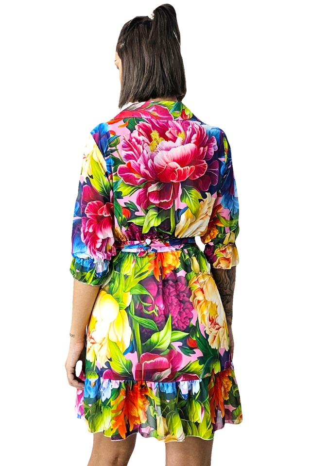 Rochie de vara Kasiana, cu maneca trei sferturi si imprimeu floral, Dahlia multicolor, Marime S/M/L