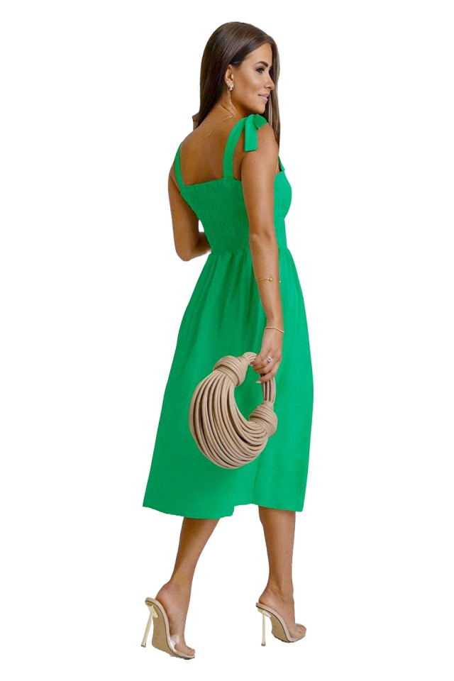 Rochie de vara MYA Masha, cu bretele legate funda si imprimeu uni, Verde, Marime S/M