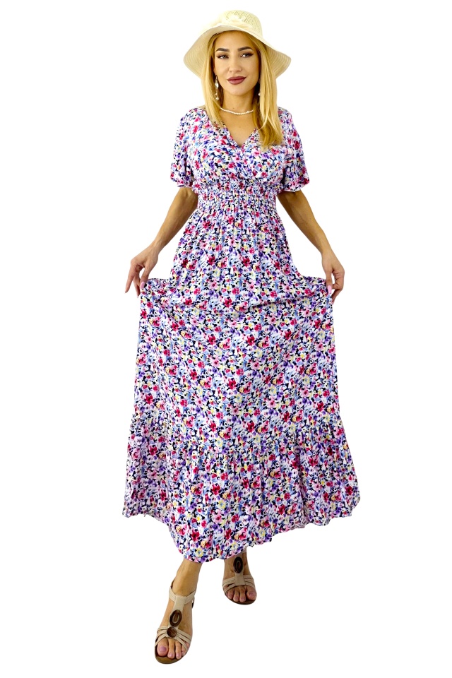 Rochie de zi Mandinga, din bumbac, cu imprimeu floral, MOV Petunia