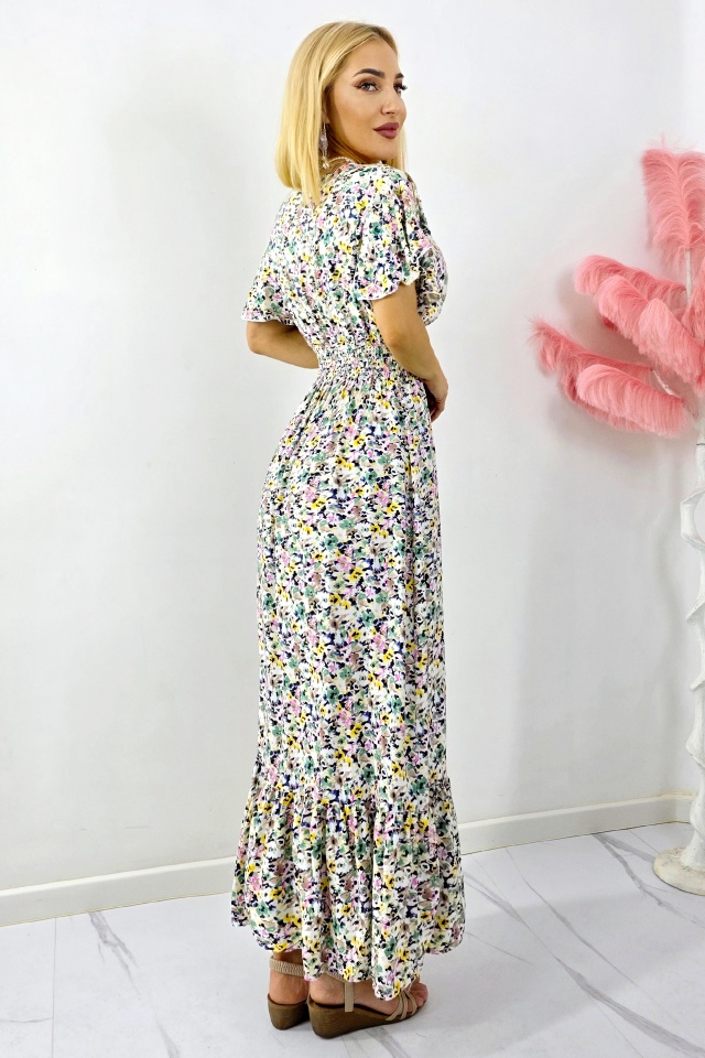 Rochie de zi Mandinga, din bumbac, cu imprimeu floral, Verde Petunia - 1 | YEO