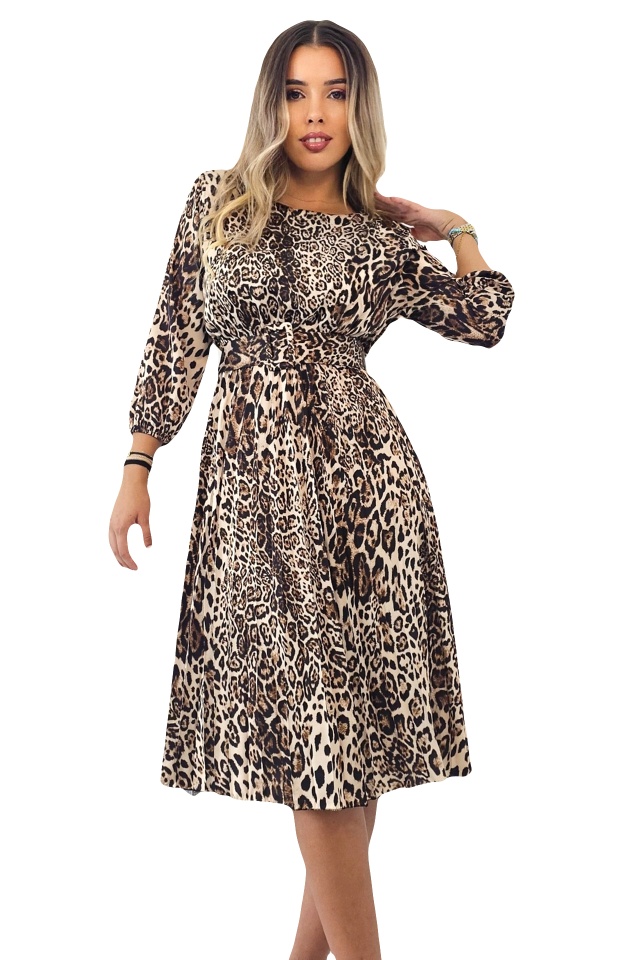 Rochie de zi plisata LUSINDA, cu animal print si curea, Ghepard, Marime S/M