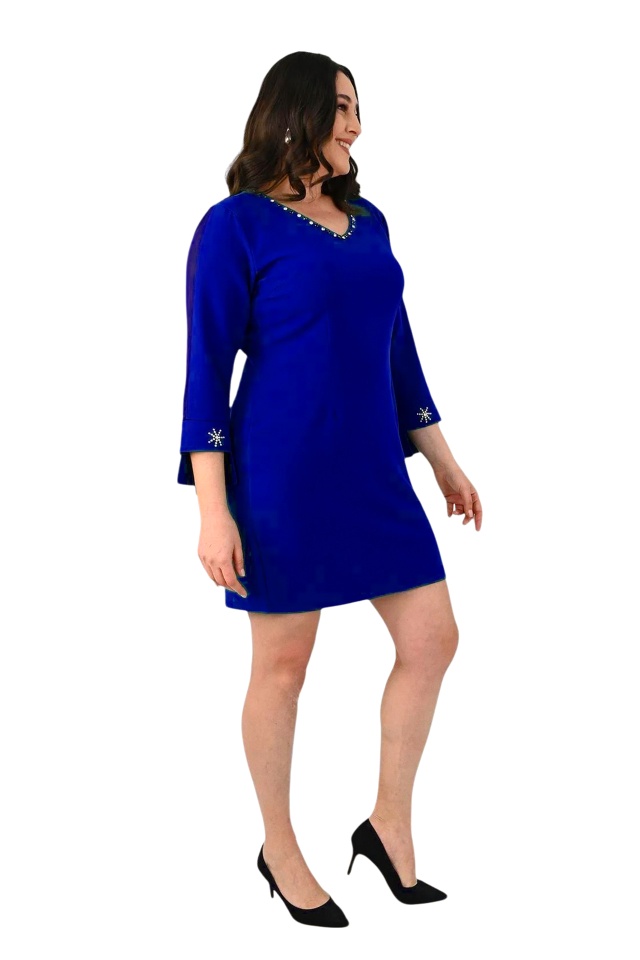 Rochie eleganta BRINA, cu paiete si maneca asimetrica, Bleumarin