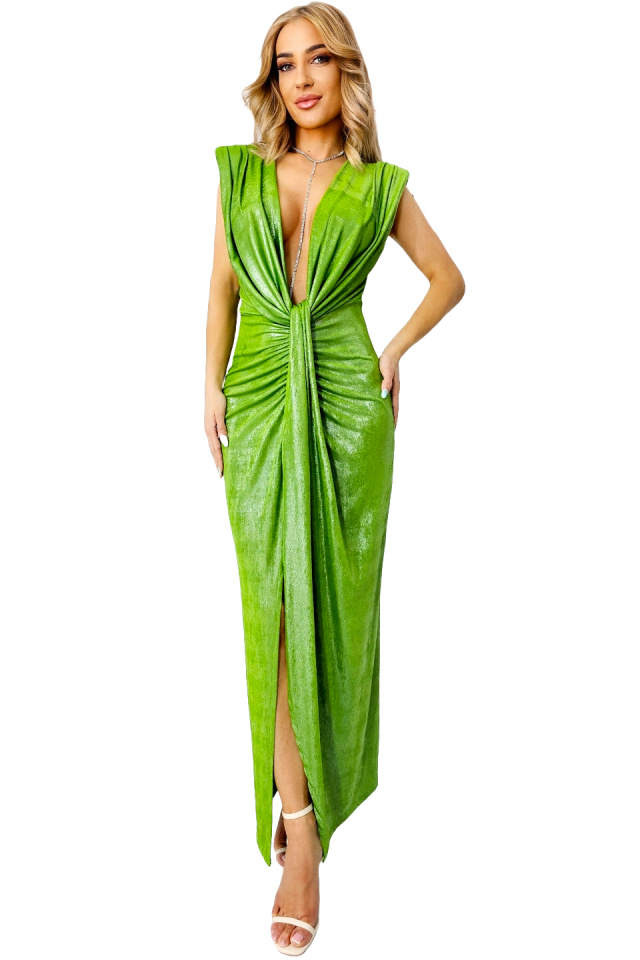 Rochie eleganta Ilaria, croiala cu fronseuri si decolteu adanc, Verde deschis metalizat, Marime S/M