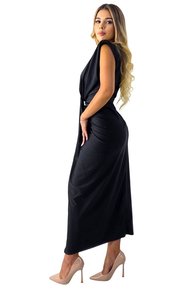 Rochie eleganta JHOSY, cu cristale negre si decolteu, Negru, Marime S/M