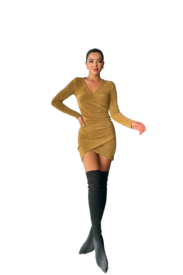 Rochie eleganta Liuba, cu croiala asimetrica, bodycon si fronseuri, Auriu