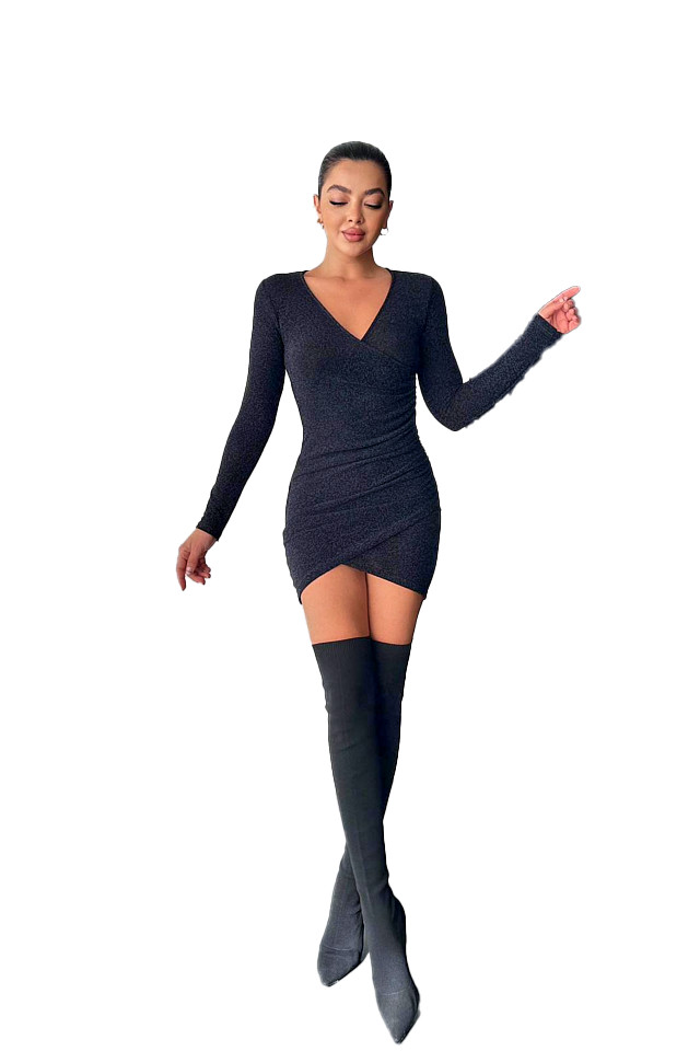 Rochie eleganta Liuba, cu croiala asimetrica, bodycon si fronseuri, Negru