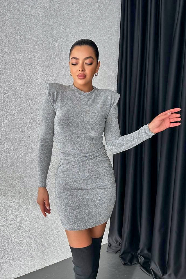 Rochie eleganta MiraBELL, bodycon si croi cu umeri supradimensionati, Argintiu - 2 | YEO