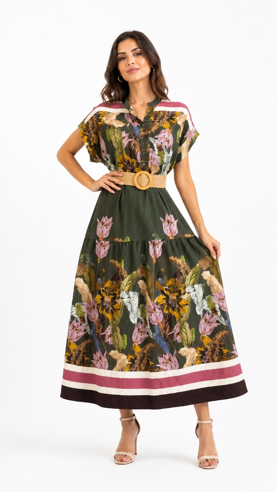 Rochie lunga Celiane, imprimeu floral de zi si curea, Verde Tulip, Marime S/M/L