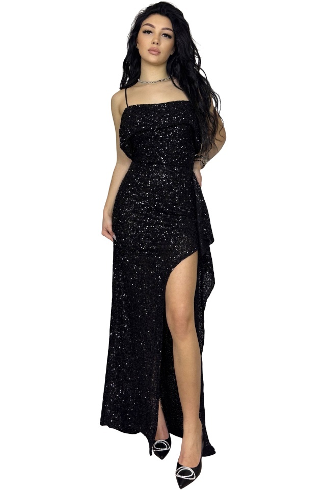 Rochie lunga cu bretele Naelle, paiete si overlay drapat, Negru, Marime S/M