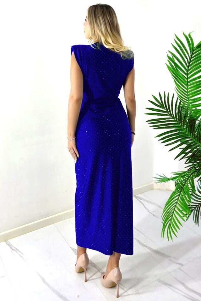 Rochie lunga cu cristale JHOSY si decolteu adanc, Albastru Royal, Marime S/M