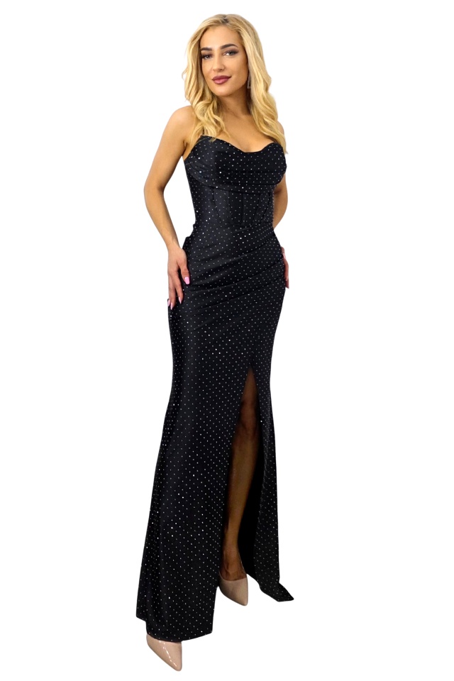 Rochie lunga de ocazie Astoria Blink, cu paiete si corset, Negru, Marime S/M