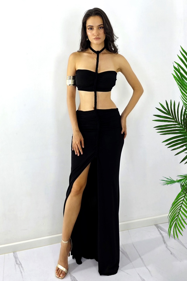 Rochie lunga de vara ELPIRI, croi decupat cu impletituri, Negru, Marime S/M