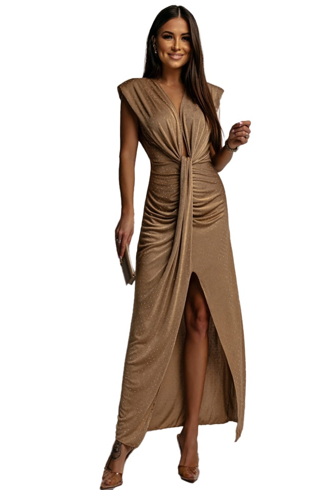 Rochie lunga fara maneci JHOSY, cu paiete si decolteu adanc, BEJ, Marime S/M