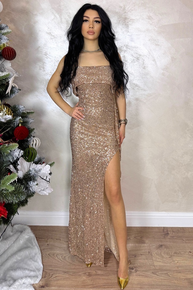 Rochie lunga Naelle, cu paiete si overlay drapat, Auriu, Marime S/M