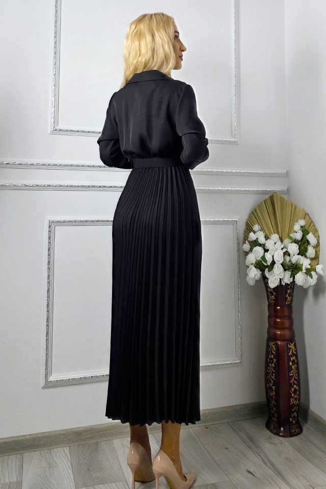 Rochie lunga office NOVARA, curea asortata si revere, Negru, Marime S/M
