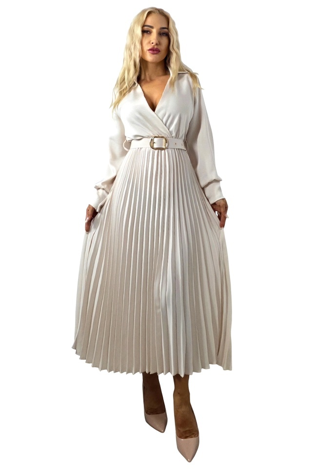 Rochie lunga plisata NOVARA, decolteu petrecut si revere, Crem, Marime S/M