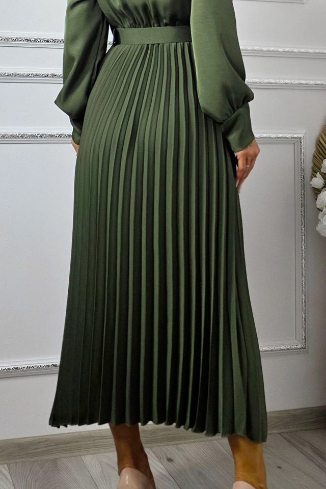 Rochie lunga plisata NOVARA, efect petrecut si revere, Verde Olive, Marime S/M